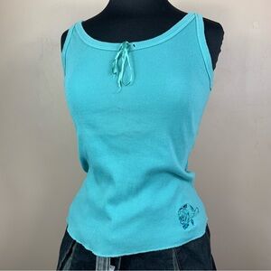 Y2K Harley-Davidson Teal Ribbed Tank Top L Bow Detail Embroidered Logo